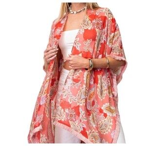 Kori Kimono Cover Up M/L Coral Pink Paisley Fringe Boho Open Front Ruana